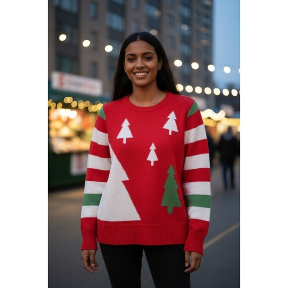 Liz Claiborne Long Sleeve Holiday Christmas Sweater Striped with Trees Sz L - Picture 1 of 5